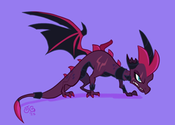 Size: 2048x1459 | Tagged: safe, artist:janegumball, tempest shadow, dragon, g4, broken horn, broken wing, crossover, cynder, dragoness, dragonified, female, horn, horns, purple background, signature, simple background, solo, species swap, spread wings, spyro the dragon (series), storm king's emblem, the legend of spyro, torn wings, wings