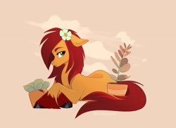 Size: 4064x2943 | Tagged: safe, artist:nettlemoth, oc, oc only, oc:apple bloom, earth pony, pony, fanfic:song of seven, commission, crossed hooves, female, floppy ears, flower, flower in hair, frown, lying down, mare, potted plant, prone, simple background, solo, tan background, unshorn fetlocks