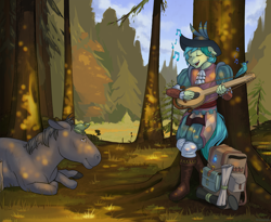 Size: 2000x1637 | Tagged: safe, artist:kirasunnight, sandbar, donkey, frog, anthro, plantigrade anthro, g4, backpack, clothes, cloud, forest, leaning, lute, standing, tree