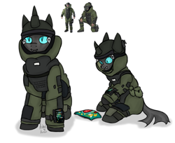 Size: 3591x2925 | Tagged: safe, artist:ashel_aras, oc, oc only, changeling, anti-explosive suit, armor, changeling oc, chips, clothes, food, high res, holeless, military uniform, phone, simple background, sketch, solo, uniform, white background