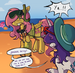 Size: 1657x1620 | Tagged: safe, artist:lawldog, applejack, fluttershy, pinkie pie, rarity, earth pony, pegasus, pony, unicorn, g4, beach, blushing, duo focus, embarrassed, female, goggles, hat, inner tube, lifejacket, looking at each other, looking at someone, mare, pool toy, snorkel, speech bubble, sun hat, sunglasses, sunglasses on head, sweat, sweatdrop, swim mask, unshorn fetlocks, water wings, watermark