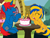 Size: 2048x1536 | Tagged: safe, artist:mlpfan3991, artist:ry-bluepony1, oc, oc:flare spark, oc:train track, pegasus, pony, unicorn, g4, base used, birthday, birthday cake, blue coat, cake, chair, eyes closed, food, hair, happy birthday, horn, male, male oc, mane, pony oc, show accurate, stallion, stallion oc, table, tail, unicorn oc