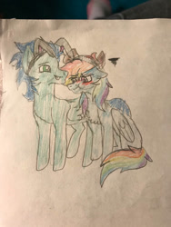 Size: 750x1000 | Tagged: safe, artist:justcallmescaizor, rainbow dash, soarin', pegasus, pony, g4, blushing, bunny ears, embarrassed, female, male, mare, ship:soarindash, shipping, stallion, straight, traditional art