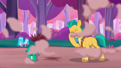 Size: 3072x1727 | Tagged: safe, screencap, hitch trailblazer, sparky sparkeroni, dragon, earth pony, pony, attack of the bunnisus, g5, my little pony: tell your tale, spoiler:g5, spoiler:my little pony: tell your tale, spoiler:tyts01e61, baby, baby dragon, duo, duo male, eyes closed, frown, male, open mouth, papa hitch, stallion