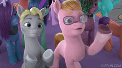 Size: 520x293 | Tagged: safe, screencap, diggy, sander, smokey cobalt, earth pony, pegasus, pony, unicorn, cutie blossom bash, g5, my little pony: make your mark, my little pony: make your mark chapter 5, spoiler:g5, spoiler:my little pony: make your mark, spoiler:my little pony: make your mark chapter 5, spoiler:mymc05e01, animated, female, male, mare, stallion, unnamed character, unnamed pony
