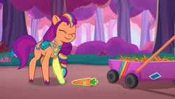 Size: 3072x1727 | Tagged: safe, screencap, sunny starscout, earth pony, pony, attack of the bunnisus, g5, my little pony: tell your tale, spoiler:g5, spoiler:my little pony: tell your tale, spoiler:tyts01e61, carrot, earth pony magic, eyes closed, female, food, glowing, magic, magic glow, mare, smiling, solo