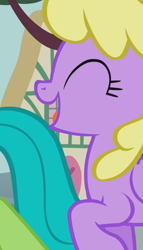 Size: 411x720 | Tagged: safe, screencap, green jewel, earth pony, pegasus, pony, a friend in deed, g4, season 2, crescent doo, crescentbetes, cropped, cute, female, mare, offscreen character, open mouth, open smile, smile song, smiling