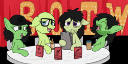 Size: 3936x1965 | Tagged: safe, artist:dhm, artist:ponny, oc, oc:filly anon, earth pony, pony, baseball cap, cap, colored, drink, drinking, female, filly, five o'clock shadow, flask, foal, glass, glasses, hat, laughing, nervous, nervous smile, ponified, redlettermedia, sad, smiling, stubble, vhs