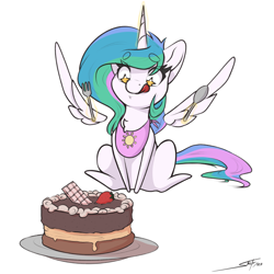 Size: 2500x2500 | Tagged: safe, artist:skitsroom, princess celestia, alicorn, pony, g4, bib, cake, cakelestia, cute, cutelestia, female, floating wings, food, fork, heart, heart eyes, herbivore, high res, imminent nom, levitation, licking, licking lips, magic, mare, simple background, solo, spoon, spread wings, starry eyes, strawberry, telekinesis, that pony sure does love cakes, tongue out, white background, wingding eyes, wings