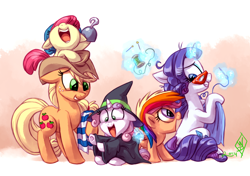 Size: 1700x1200 | Tagged: safe, artist:whitediamonds, apple bloom, applejack, rainbow dash, rarity, scootaloo, sweetie belle, earth pony, pegasus, pony, unicorn, rarijack daily, g4, adorabloom, apple sisters, applejack's hat, belle sisters, clothes, costume, cowboy hat, cute, cutealoo, cutie mark crusaders, cutie mark cuties, diasweetes, female, filly, floppy ears, foal, freckles, glasses, glowing, glowing horn, group, halloween, hat, holiday, horn, jackabetes, lesbian, levitation, looking at each other, looking at someone, magic, magic aura, mare, nightmare night, nightmare night costume, open mouth, open smile, pirate, quintet, raribetes, rarity's glasses, ship:rarijack, shipping, siblings, signature, sisters, sitting, smiling, sparkles, telekinesis, underhoof, witch