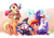 Size: 1700x1200 | Tagged: safe, artist:whitediamonds, apple bloom, applejack, rainbow dash, rarity, scootaloo, sweetie belle, earth pony, pegasus, pony, unicorn, rarijack daily, g4, adorabloom, apple sisters, applejack's hat, belle sisters, clothes, costume, cowboy hat, cute, cutealoo, cutie mark crusaders, cutie mark cuties, diasweetes, female, filly, floppy ears, foal, folded wings, freckles, glasses, glowing, glowing horn, group, halloween, hat, holiday, horn, jackabetes, lesbian, levitation, looking at each other, looking at someone, magic, magic aura, mare, nightmare night, nightmare night costume, open mouth, open smile, pirate, quintet, raribetes, rarity's glasses, ship:rarijack, shipping, siblings, signature, sisters, sitting, smiling, sparkles, tail, telekinesis, underhoof, wings, witch