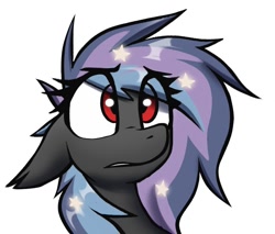 Size: 956x815 | Tagged: source needed, useless source url, safe, artist:fenixdust, oc, oc only, oc:stellar wind, bat pony, bat pony oc, ears back, ethereal mane, eyes open, flustered, red eyes, simple background, solo, starry mane, surprised, white background