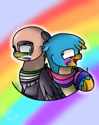 Size: 1337x1690 | Tagged: safe, artist:beesmeliss, gallus, grampa gruff, griffon, g4, bisexual pride flag, chibi, pride, pride flag