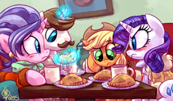 Size: 1400x825 | Tagged: safe, artist:whitediamonds, applejack, cookie crumbles, hondo flanks, rarity, earth pony, pony, unicorn, rarijack daily, g4, applejack's hat, blushing, clothes, coffee, cowboy hat, double date, empanada, eyebrows, eyebrows visible through hair, facial hair, fanfic, fanfic art, female, food, freckles, glowing, glowing horn, group, hat, horn, how far away you roam, lesbian, levitation, looking at someone, looking at something, magic, magic aura, male, mare, moustache, mug, quartet, rarity's parents, ship:cookieflanks, ship:rarijack, shipping, signature, sitting, sparkles, stallion, straight, sweat, table, telekinesis
