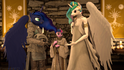Size: 3840x2160 | Tagged: safe, artist:fireemerald123, princess celestia, princess luna, tree of harmony, twilight sparkle, alicorn, unicorn, anthro, g4, 3d, armor, banner, book, candle, clothes, dress, helmet, high res, realistic wings, robes, source filmmaker, staff, sword, sæla, watermark, weapon, wings