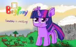 Size: 1600x1000 | Tagged: safe, artist:knife smile, twilight sparkle, alicorn, bird, chicken, pig, pony, g4, big pony, macro, mine little pony, minecraft, solo, twilight sparkle (alicorn)