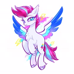 Size: 2048x2048 | Tagged: safe, artist:qwennondeathdie, zipp storm, pegasus, pony, g5, adorazipp, chest fluff, colored eyebrows, colored wings, cute, ear fluff, eyebrows, female, flying, high res, looking at you, mare, multicolored wings, signature, simple background, solo, spread wings, unshorn fetlocks, white background, wings