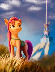 Size: 1620x2116 | Tagged: safe, artist:hoofy_0415, sunny starscout, earth pony, pony, g5, bag, colored eyebrows, crystal brighthouse, eyebrows, female, looking away, looking up, mane stripe sunny, mare, messenger bag, outdoors, prisbeam, smiling, solo, standing