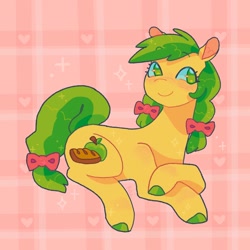Size: 1440x1440 | Tagged: safe, artist:ariariari.png, apple fritter, earth pony, pony, g4, alternate cutie mark, apple family member, colored hooves, fritterbetes, patterned background, pigtails, solo