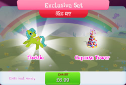 Size: 1266x857 | Tagged: safe, gameloft, tootsie, pony, unicorn, g1, g4, idw, my little pony: magic princess, official, bundle, costs real money, cupcake, english, female, food, horn, idw showified, mare, mobile game, numbers, sale, solo, solo focus, text