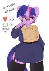 Size: 1411x2040 | Tagged: safe, artist:eventseem, twilight sparkle, unicorn, anthro, g4, breasts, clothes, female, floppy ears, garter belt, garter straps, glasses, incentive drive, jacket, mare, meganekko, shirt, simple background, skirt, socks, solo, talking to viewer, teacher, text, thigh highs, thighs, thunder thighs, undressing, white background, wide hips, zettai ryouiki