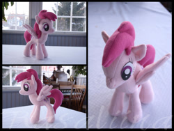 Size: 1280x962 | Tagged: safe, artist:rasaliina, cheery, pegasus, pony, g4, background pony, cheerybetes, cute, female, filly, foal, house, indoors, irl, photo, plushie, smiling, solo