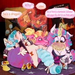 Size: 1500x1500 | Tagged: safe, artist:amendokat, cozy glow, luster dawn, princess flurry heart, alicorn, pegasus, pony, unicorn, g4, beanbag chair, biker jacket, bubble, carpet, drink, female, food, gameboy advance, glowing, glowing horn, hamilton, horn, implied pokemon, jacket, massacration, noodles, older, older cozy glow, older flurry heart, pokémon, pokémon red and blue, pokémon yellow, princess emo heart, sleeping, soda can, speech bubble, spiked wristband, spilled drink, text, trio, unshorn fetlocks, wristband