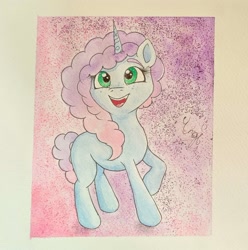 Size: 1373x1385 | Tagged: safe, artist:engi, misty brightdawn, pony, unicorn, g5, cute, happy, missing cutie mark, open mouth, simple background, smiling, traditional art, watercolor painting