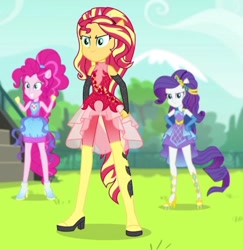 Size: 564x580 | Tagged: safe, screencap, pinkie pie, rarity, sunset shimmer, human, cheer you on, equestria girls, g4, my little pony equestria girls: better together, alternate hairstyle, boots, cape, clothes, evening gloves, female, fingerless elbow gloves, fingerless gloves, gloves, jewelry, knee-high boots, leg bracelet, leggings, long gloves, ponied up, shoes, sleeveless, smiling, spiked headband, super ponied up, tiara, trio, trio female