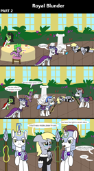 Size: 1920x3516 | Tagged: safe, artist:platinumdrop, derpy hooves, princess platinum, rarity, spike, oc, oc:filly anon, dragon, pegasus, pony, unicorn, comic:royal blunder, g4, 3 panel comic, accident, alternate universe, angry, armor, bleeding, blood, bust, cake, cape, clothes, clumsy, comic, commission, crash, crown, crying, damaged, dazed, destruction, dialogue, drink, duster, female, filly, floppy ears, flower, flying, foal, folded wings, food, garden, gem, glowing, glowing horn, guard, head scratch, horn, indoors, jewelry, looking at someone, lying down, m'lady, magic, maid, maid headdress, makeup, male, mare, monocle, nosebleed, offscreen character, open mouth, ouch, plants, pleading, princess, prone, regalia, royal, royalty, scrunchy face, shocked, sitting, spear, speech bubble, spread wings, stallion, statue, surprised, table, tablecloth, talking, tea, tea party, teapot, telekinesis, uniform, vase, walking, wall of tags, weapon, window, wings, wings down