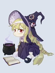 Size: 3000x4000 | Tagged: safe, artist:raineve, oc, oc only, pony, unicorn, blue background, book, cauldron, clothes, hat, shoes, simple background, sitting, socks, solo, witch hat