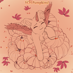 Size: 2500x2500 | Tagged: safe, artist:medkit, oc, alicorn, pony, any gender, any race, any species, ashberry, autumn, berry, butt fluff, chest fluff, commission, ear cleavage, ear fluff, elderberry (berry), english, eyebrows, eyes closed, feathered wings, female, field, floppy ears, flower, food, harvest, head up, heart shaped, high res, hoof fluff, horn, horseshoes, leaves, lightly watermarked, no mane, no tail, orange background, perspective, physalis, pumpkin, raised hoof, shoulder fluff, simple background, sketch, smiling, solo, spread wings, standing, sternocleidomastoid, text, watermark, wings, ych sketch, your character here