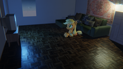 Size: 1920x1080 | Tagged: safe, editor:darkshy, applejack, earth pony, pony, g4, couch, cute, meme, render, room, simple, solo, television