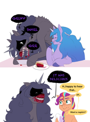 Size: 1852x2506 | Tagged: safe, artist:aztrial, izzy moonbow, sunny starscout, oc, oc:mimic izzy, earth pony, mimic, pony, unicorn, g5, 2 panel comic, bowl, cherry, comic, disturbed, doppelganger, eating, eyes closed, fangs, female, feral, food, grin, mane stripe sunny, mare, messy eating, napkin, nervous, not blood, pie, smiling, sweat, sweatdrop, trio, unshorn fetlocks
