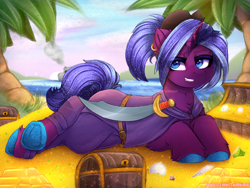 Size: 2666x2000 | Tagged: safe, artist:taiweiart, oc, oc:black kraken pearl, oc:obsidian dread, pony, unicorn, beach, clothes, cloud, colored hooves, commission, cute, cutlass, ear piercing, earring, female, frog (hoof), gold, hat, high res, horn, jewelry, looking at you, lying down, male, mare, money, ocean, outdoors, palm tree, pearl, piercing, pirate, pirate hat, prone, rule 63, sky, smiling, smiling at you, solo, sword, treasure, treasure chest, tree, underhoof, unicorn oc, unshorn fetlocks, water, weapon