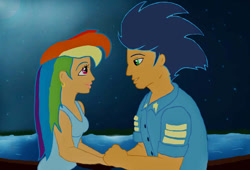 Size: 750x511 | Tagged: safe, artist:craz4knux, rainbow dash, soarin', human, g4, female, holding hands, humanized, looking at each other, looking at someone, male, ship:soarindash, shipping, straight, the little mermaid