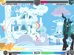 Size: 633x475 | Tagged: safe, applejack, queen chrysalis, fighting is magic, g4, cloudsdale, fixed