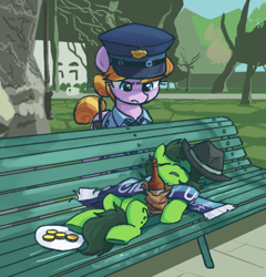 Size: 524x546 | Tagged: safe, artist:plunger, copper top, oc, oc:filly anon, earth pony, pony, g4, /mlp/, 4chan, 4chan cup scarf, bench, bottle, clothes, drawthread, female, filly, foal, giddy up, hat, imported from twibooru, mare, meme, png, police, ponified meme, ponified photo, scarf, sleeping