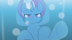 Size: 1280x720 | Tagged: safe, artist:vilord, screencap, trixie, pony, unicorn, g4, bubble, crepuscular rays, female, holding breath, horn, mare, ocean, puffy cheeks, solo, sunlight, swimming, trixie revenge, underwater, water, youtube link