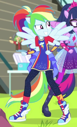 Size: 368x605 | Tagged: safe, screencap, rainbow dash, sci-twi, twilight sparkle, human, cheer you on, equestria girls, g4, my little pony equestria girls: better together, alternate hairstyle, big smile, boots, bracer, clothes, eyebrows, female, fist, grin, jewelry, knee-high boots, leggings, long shirt, offscreen character, offscreen female, pants, ponied up, pony ears, ponytail, raised eyebrow, regalia, shirt, shoes, sleeveless, sleeveless shirt, smiling, sneakers, socks, super ponied up, sweatpants, teeth, wings
