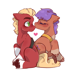 Size: 2800x2800 | Tagged: safe, artist:permafox, sprout cloverleaf, oc, oc:caprisun, earth pony, pony, g5, blushing, canon x oc, closed mouth, coat markings, duo, gay, high res, kissing, love, male, nose kiss, raised hoof, shipping, simple background, sitting, socks (coat markings), stallion, stallion on stallion, surprised, white background