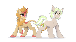 Size: 3840x2160 | Tagged: safe, artist:strafe blitz, oc, oc only, oc:belisca, oc:falling leaves, earth pony, kirin, pony, duo, earth pony oc, high res, kirin oc, looking at each other, looking at someone, raised hoof, simple background, transparent background