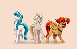 Size: 4803x3048 | Tagged: safe, artist:aquaticvibes, oc, oc:absolvia, oc:falling leaves, oc:primepeak, earth pony, pegasus, pony, unicorn, ear piercing, eyes closed, female, open mouth, piercing, raised hoof, simple background, smiling, standing, trio, trio female