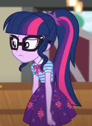Size: 237x324 | Tagged: safe, screencap, sci-twi, twilight sparkle, human, equestria girls, equestria girls series, g4, holidays unwrapped, the cider louse fools, spoiler:eqg series (season 2), bowtie, clothes, cropped, cutie mark on clothes, disappointed, female, geode of telekinesis, glasses, hair, jewelry, magical geodes, pendant, pocket, polo shirt, ponytail, sad, shirt, skirt, slouching, teenager