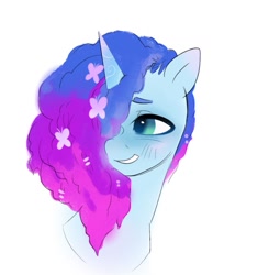 Size: 1411x1498 | Tagged: safe, artist:aztrial, misty brightdawn, pony, unicorn, g5, bust, cornrows, hair over one eye, portrait, rebirth misty, simple background, smiling, solo, white background