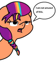 Size: 560x623 | Tagged: safe, artist:girlduog, edit, sunny starscout, earth pony, pony, g5, colored, dialogue, female, grammar error, mare, simple background, solo, speech bubble, sunny starscout is not amused, text, unamused, white background