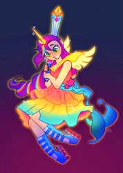 Size: 728x1024 | Tagged: safe, artist:catmintyt, sunny starscout, alicorn, human, g5, elf ears, gradient background, horn, horned humanization, humanized, magical girl, race swap, roller skates, skates, solo, sunnycorn, sword, weapon, wings