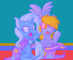 Size: 2048x1687 | Tagged: safe, artist:sludgefiend, derpy hooves, trixie, pegasus, pony, unicorn, g4, bunny out of the hat, duo, eye clipping through hair, magic trick, open mouth, shocked, shocked expression, tongue out