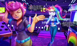 Size: 3671x2182 | Tagged: safe, artist:ichimoral, rainbow dash, scootaloo, human, equestria girls, g4, angry, arcade, arcade cabinet, arcade game, breasts, caption, clothes, collar, commission, converse, dash fighter vi, dialogue, duo, english, eyes closed, female, frustrated, hair, high res, hoodie, indoors, laughing, leggings, pants, rainbow douche, shirt, shoes, shorts, smiling, sweater, teenager, text, tomboy