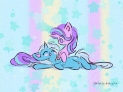 Size: 1342x1006 | Tagged: safe, artist:flutterberrypie, starlight glimmer, trixie, pony, unicorn, g4, blushing, colored pinnae, duo, duo female, eye clipping through hair, eyes closed, female, happy, horn, lesbian, looking at someone, lying down, mare, no pupils, open mouth, open smile, ship:startrix, shipping, signature, smiling